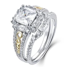 2PC Sterling Silver And Gold CZ Wedding Band Engagement Rings Set Size 3-15 S76