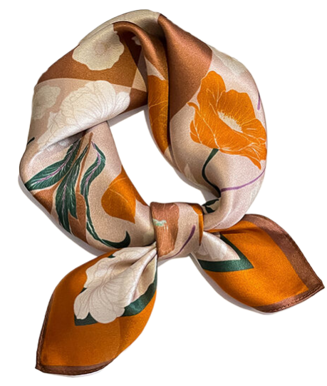 Silk Floral Scarf for Women Orange Yellow 20 Inch Neck Wrap-image