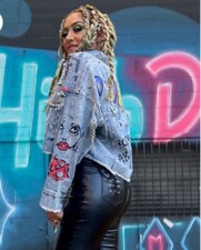 Denim Jacket Distressed Patchwork With Rhinestones Women Oversized Denim Jacket