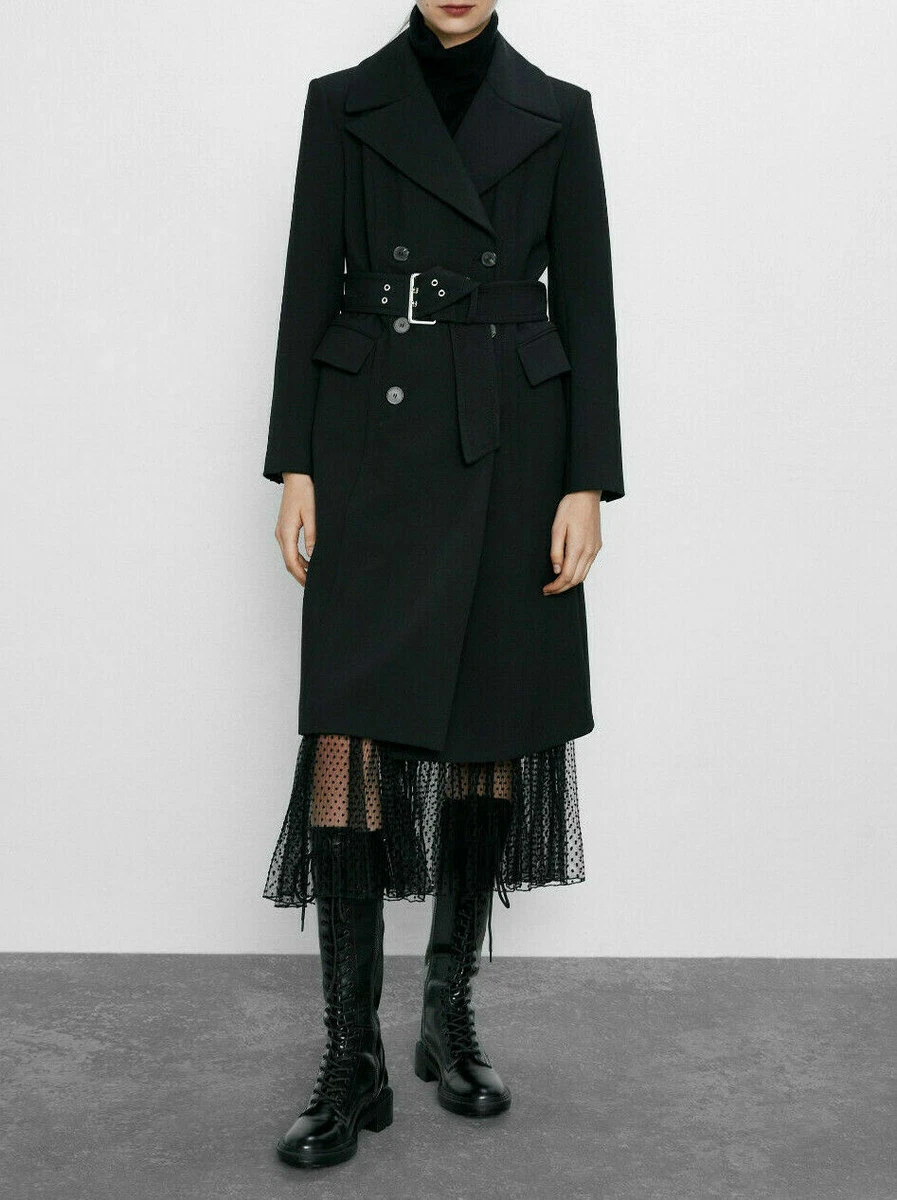 ZARA AW19 DOUBLE BREASTED BELTED TAILORED WRAP BLACK COAT Sz. M