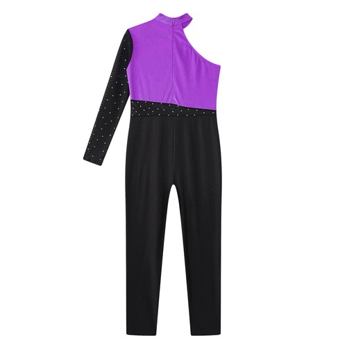 Kids Girls Gymnastics Leotard One Shoulder Figure Skating Jumpsuit Romper - Picture 27 of 80