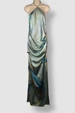 Jonathan Simkhai Women Green Halter Ruched Satin Leg-Slit Gown Dress Size 10