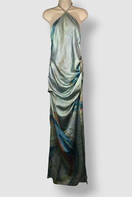 Jonathan Simkhai Women Green Halter Ruched Satin Leg-Slit Gown Dress Size 10