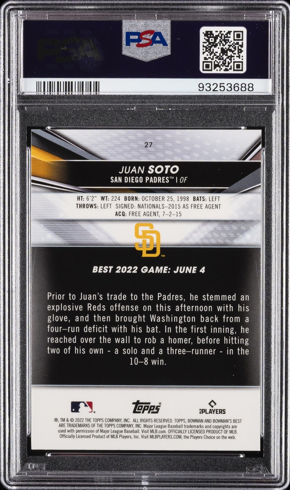 2022 BOWMAN'S BEST #27 JUAN SOTO PSA 10 view 2