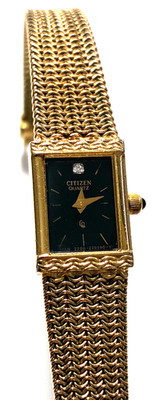 Citizen CQ Tank Watch Women 13mm Black Dial Gold Tone Rectangle Model: 5042144