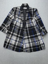 Kasper Blazer Womens 14W Black White Blue Plaid Open Front 3/4 Sleeve Stretch