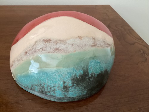 Studio Pottery Ceramic Wall Pocket Vase Tricolor Teal Green Cream Red Landscape