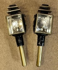 Antique Pair Of Brass Furnished Steel & Glass Candle Carriage / Coach Lamps