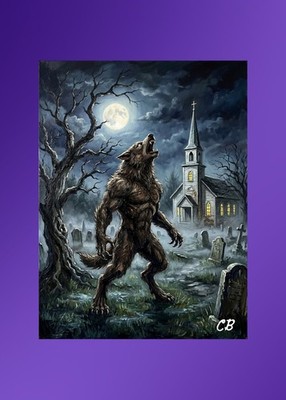 Howling Werewolf Churchyard ACEO Giclee Print | Full Moon Horror | Gothic Art