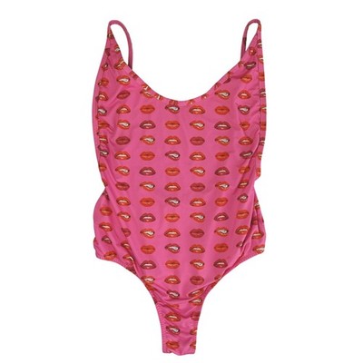 Lua Thong Swimsuit Womens Small Pink Red Lip Print Bodysuit Pop Art Top Rave Y2K