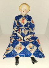 Antique German China Head Doll 23" Blonde Hair/Blue Eyes/Blue Holly Hobbie Dress