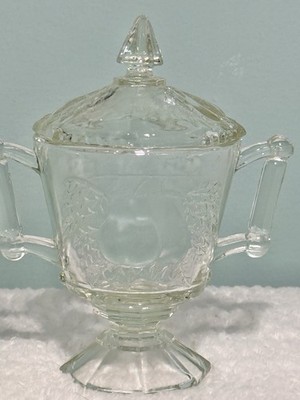 Jeannette Glass Baltimore Pear Clear Lidded Bowl W Handles Sugar Candy Vintage