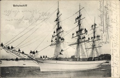 Postcard sailing school ship with sailors on board, three masted bark - 11204028