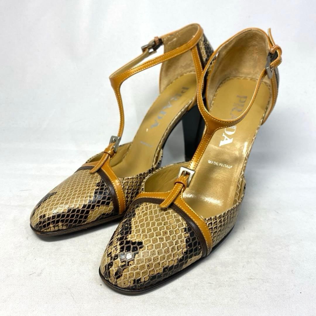 PRADA Snake Leather T-Strap Heels Size 36 US 6 Beige Brown Excellent Condition