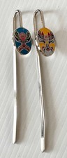 Set of 2 Chinese Peking Opera Enamel Hook Bookmark Set Silver tone Metal