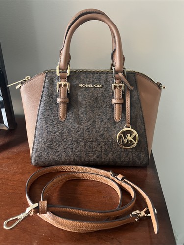 MICHAEL KORS MEDIUM SIZE zip Triple Satchel CROSSBODY BAG BROWN MK LOGO