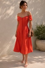 Reformation Mariposa Buttondown Dress 8 Persimmon Off Shoulder Midi Linen Tencel