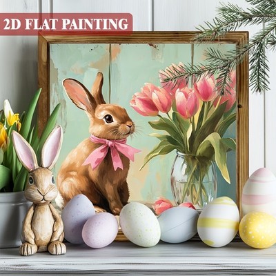 Easter Wooden Plaque Bunny Pink Tulips Bow Spring Farmhouse Rustic Wall Art Gift