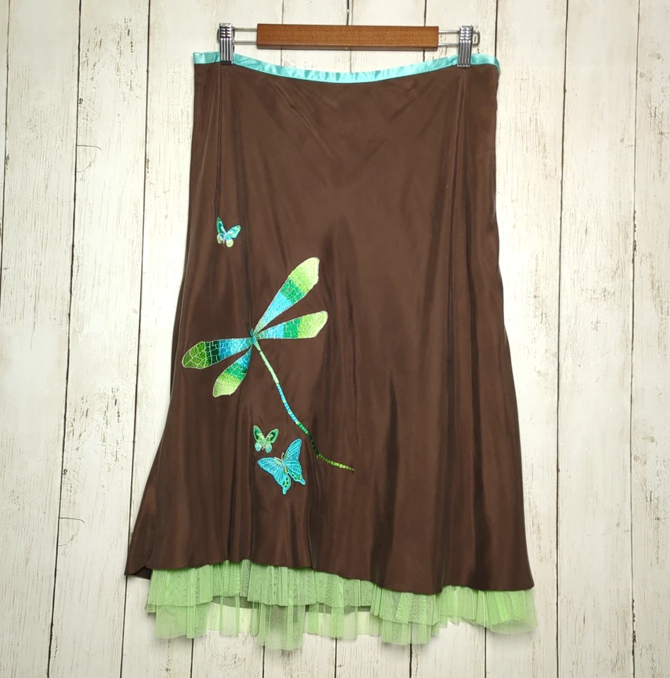 NWT Silk Dragonfly Butterfly Skirt Brown Teal Green Tulle 12 Fairy Whimsy Y2k - Image 1 of 4