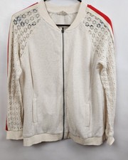 Mystree Womens Sweatshirt Jacket Small Cream Red Zip Front Lace Sleeve Varsity