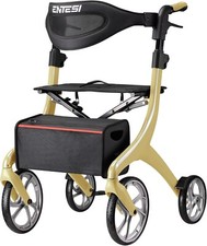Andador Todo Terreno Plegable Altura Ajustable Andador con Asiento y Frenos Bronceado NUEVO