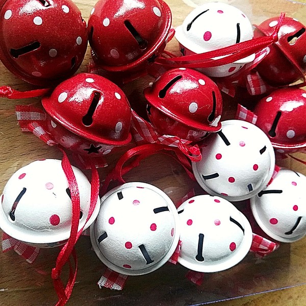 12 X Deko Schelle Schellen GlöCkchen Rot Weiß Muster 40Mm Groß Metall GlöCkchen-image