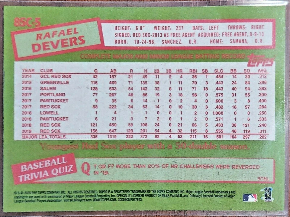 2020 Topps Baseball Series 1 Rafael Devers Silver Pack Parallel #85C-5 - Image 2 of 2