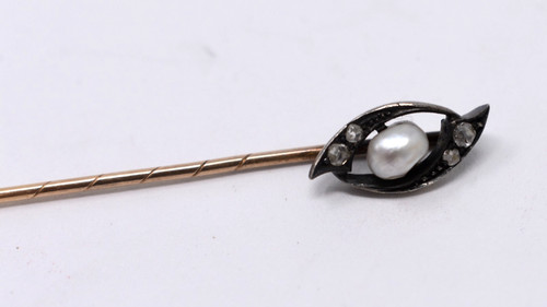 Antique Early Victorian Diamond, Pearl, Silver & 14k Solid Gold Stick Pin