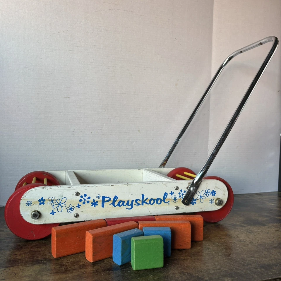 原装老式 20 世纪 60 年代 Playskool 推婴儿学步车 - 木制砖块 — 第 2/4 张图片