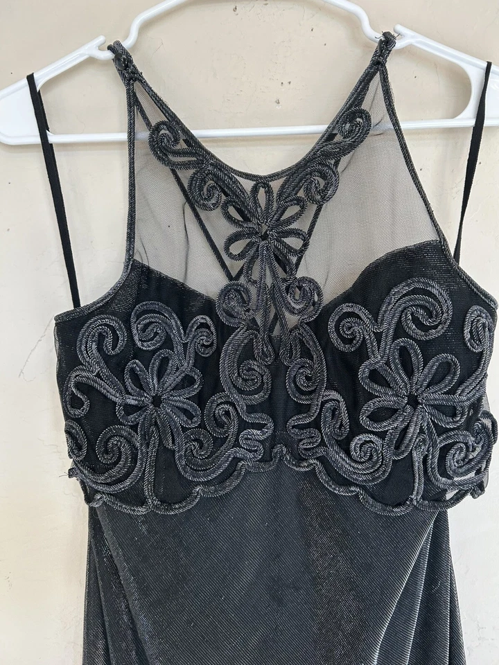 Maxi Vestido Largo Sin Mangas Vintage Años 90 Negro Plateado Metálico Formal Noche Fiesta S Foto 3 de 4