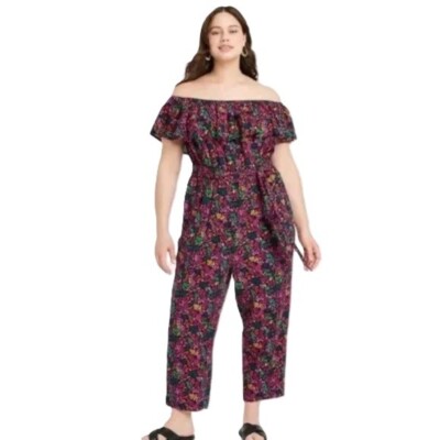 Ava & Viv Women 2X Ruffle Trim Floral Cropped Off Shoulder Linen Blend Jumpsuit