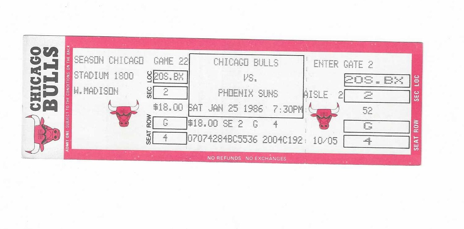Chicago Bulls vs Phoenix Suns Unused Basketball Ticket January 25, 1986
