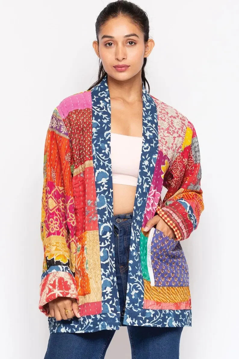 Handmade Patchwork Kantha Quilted Jacket short kimono jacket Winter Windbreaker image 5