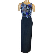 SCALA 100 Silk Beaded Sequined High Neck Back Slit Evening Gown M 179K