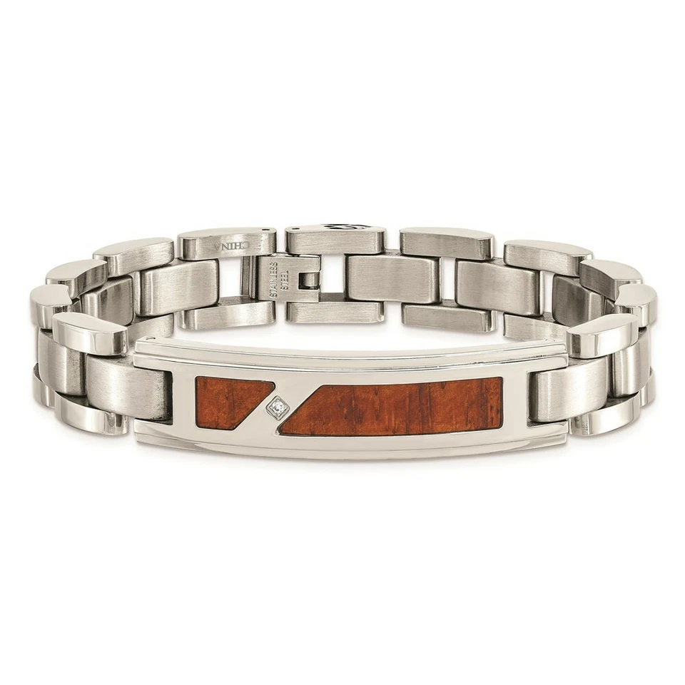 Mens 8.5" Stainless Steel Brushed & Polished w/ Wood Inlay and CZ Bracelet - Image 4 of 4