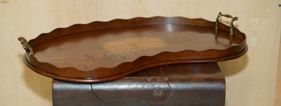 ANTIQUE CIRCA 1880 SHERATON REVIVAL SATINWOOD WALNUT SERVING TRAY BRONZE HANDLES - Image 2 of 4