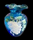 Fenton Teal Blue Ruffled Vase Hand Painted White Grapes Red Breasted Bird Signed