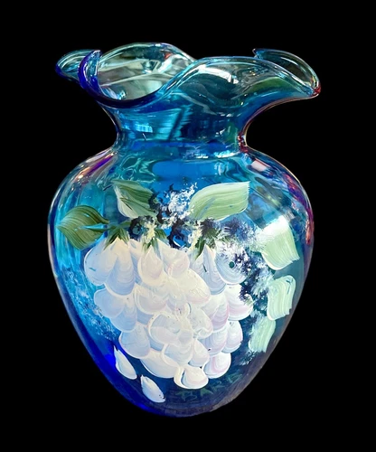 Fenton Teal Blue Ruffled Vase Hand Painted White Grapes Red Breasted Bird Signed