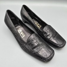 Vintage Salvatore Ferragamo Embossed Gancini Pattern Black Leather Loafers 6B 