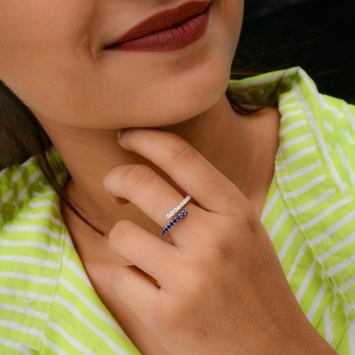 0.72 TCW Synthetic Blue Gemstone Lab Grown CVD Diamond Cuff Ring 14k White Gold - Picture 2 of 13