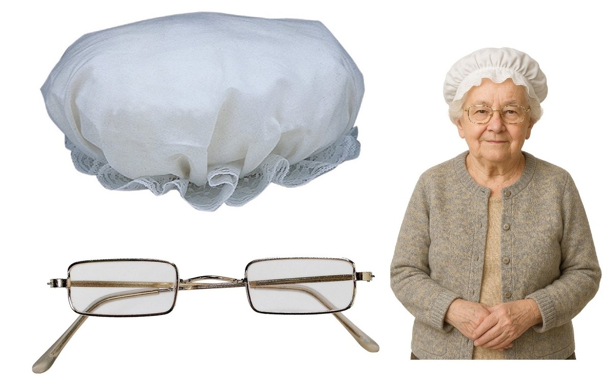 Granny Costume White Colonial Mob Cap Glasses Set Mrs Claus Hat