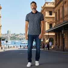 Rodd  Gunn Mens Sports Fit Navy Blue White Striped Cotton Polo Shirt KP0925 L