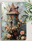 French Country Farmhouse Vintage Bird House Floral Spring Metal Art Sign 8x12