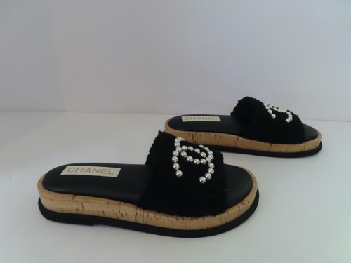 Nuevo sin caja Chanel Terry Negro/Perla Imitación Logo CC Diapositivas Talla 38/US 8 - Imagen 2 de 12