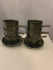 Complete Set Of 6 Vintage Tams Soup Bowls With Handles And Saucers Olive Green