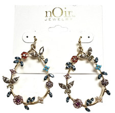 NEW NOIR GOLD TONE OVAL SHAPE FLORAL COLORED CRYSTALS LARGE EARRINGS