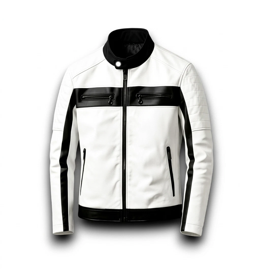 Real Lambskin White & Black Biker Jacket For Men - Men's Biker Moto Coat