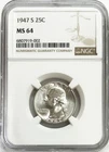 1947 S SILVER US WASHINGTON QUARTER 25C COIN NGC MINT STATE 64