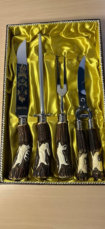 Vintage Klaus Tragbar 4 Piece Carving  Set Antler/Bone Handles Stainless Steel