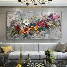 Vibrant Flowers on Gray Textured Background Unframed Canvas Painting for Living